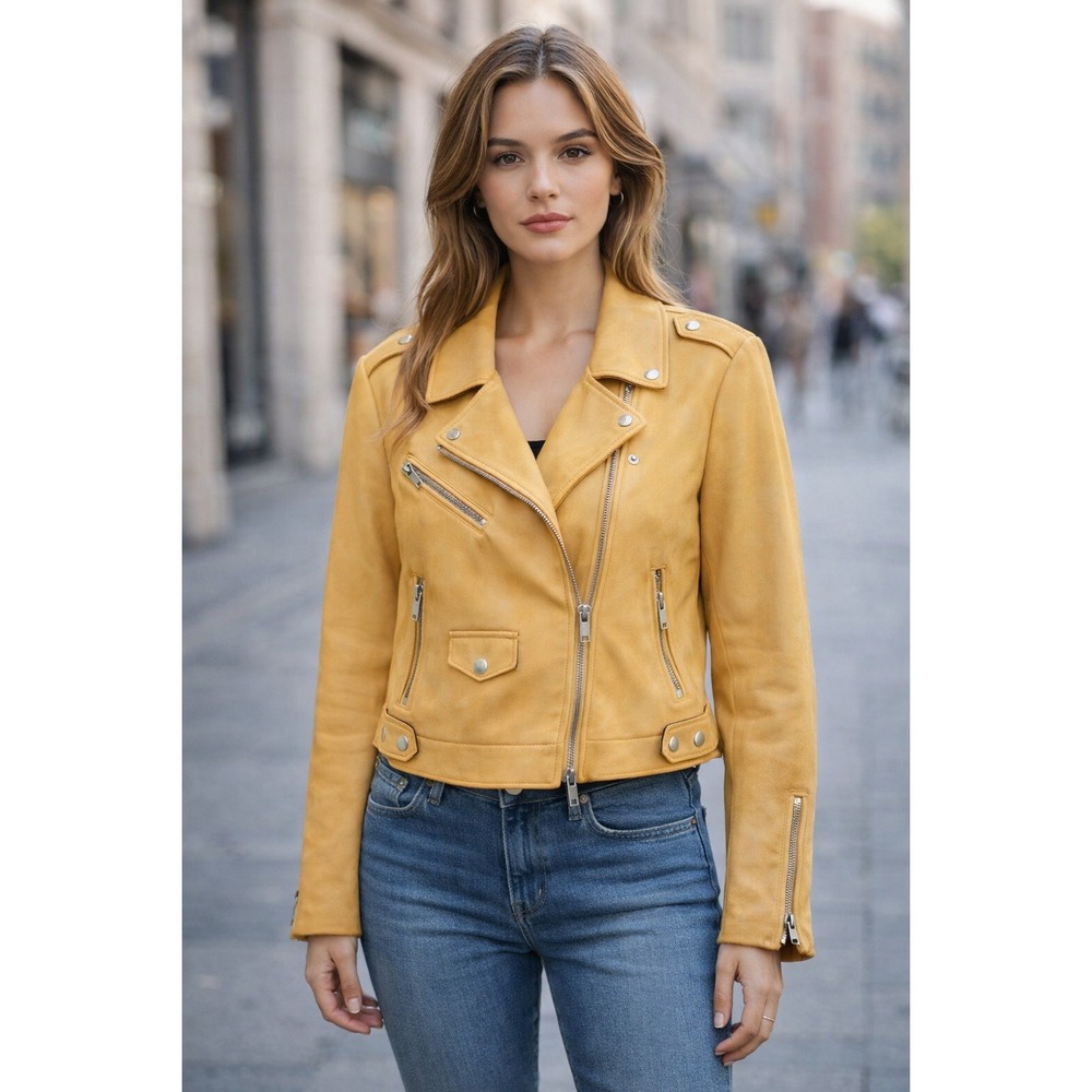 Only Our Story Faux Suede Jacket Womens 40 Bonded Bikers Moto Zip Pockets Yellow